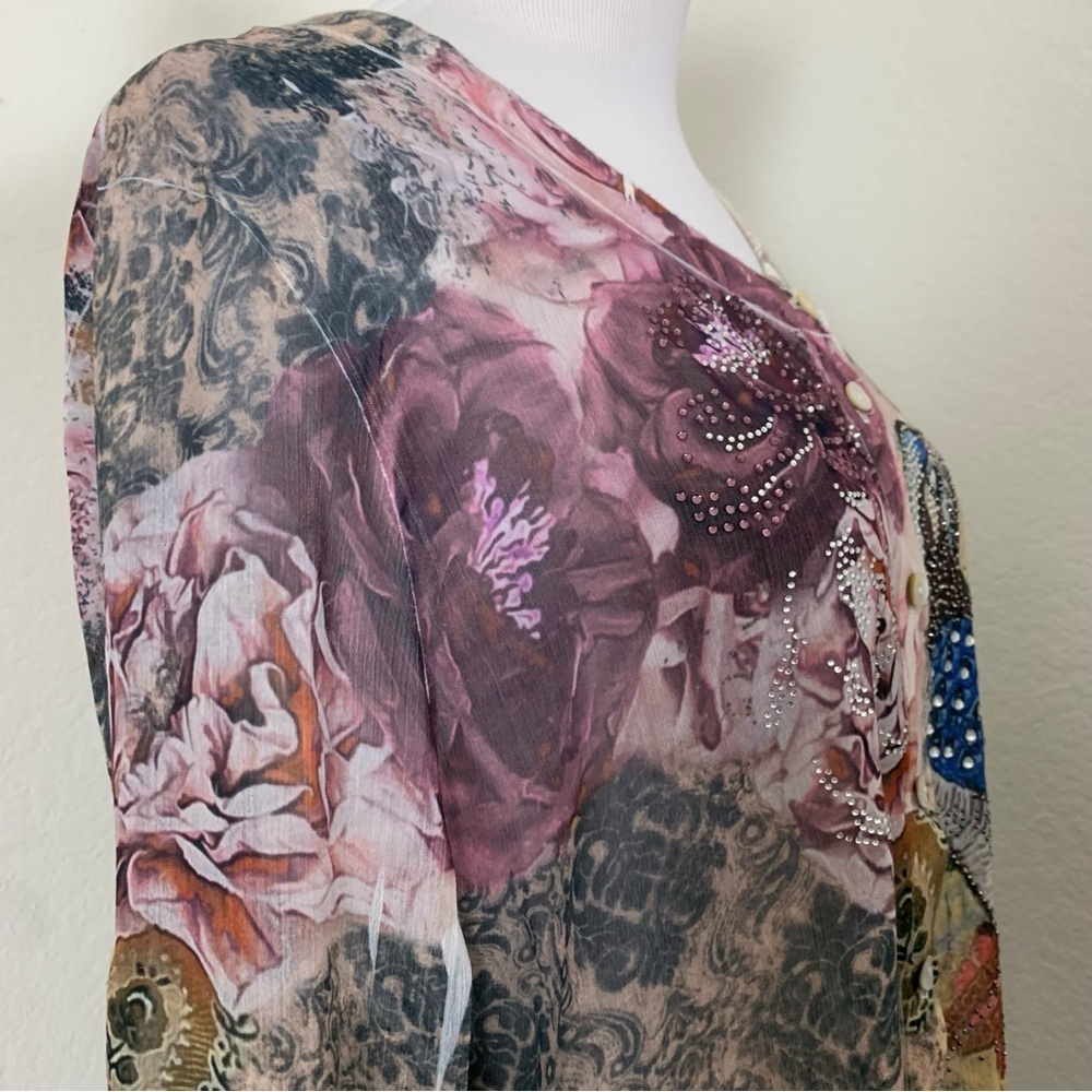 Schiffhauer Munich Cardigan Sweater Floral Semi Sheer Jeweled Womens L Art - Picture 11 of 17